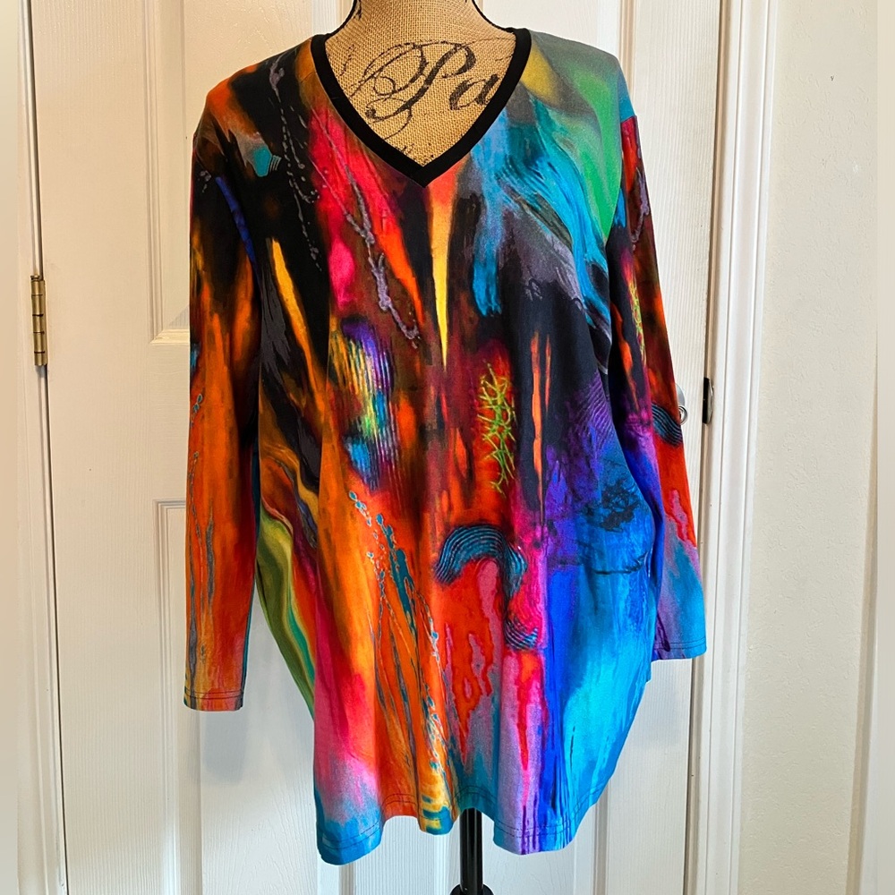 Rare OOAK Vintage 80’s Dilemma NY cotton bright colorful abstract LS v-neck top